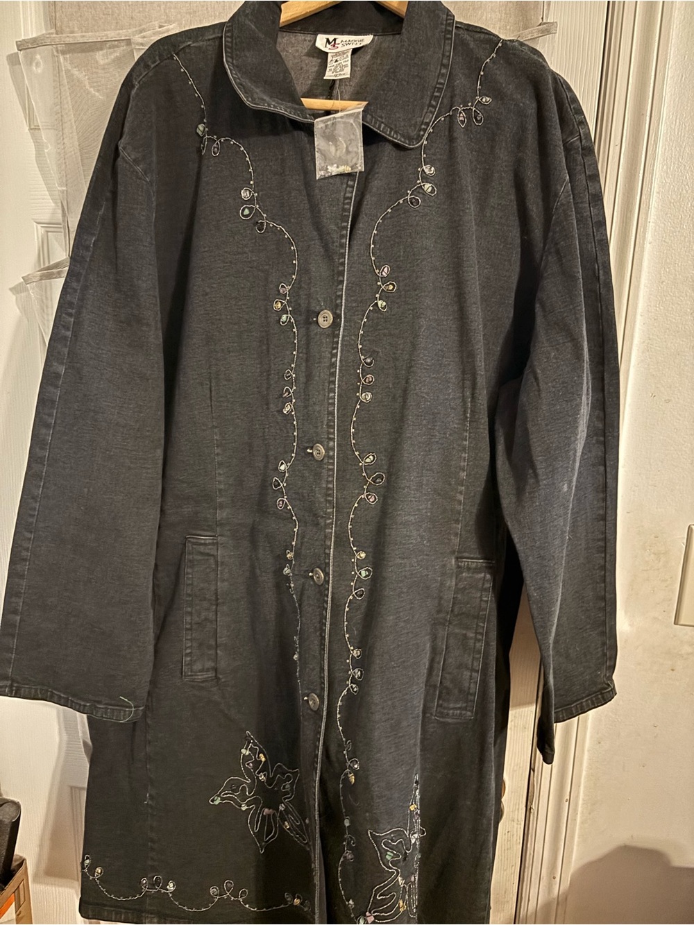 VTG Maggie Sweet Beaded Black Denim Duster Jacket Coat Plus Size 4X NWT